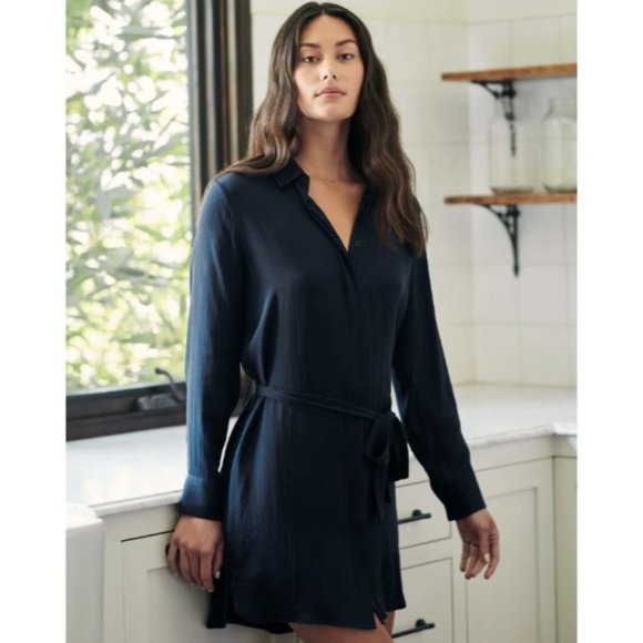 Quince Silk Shirt Dress Navy Blue sz S Women's Long Sleeve Belted NWT - Picture 2 of 8